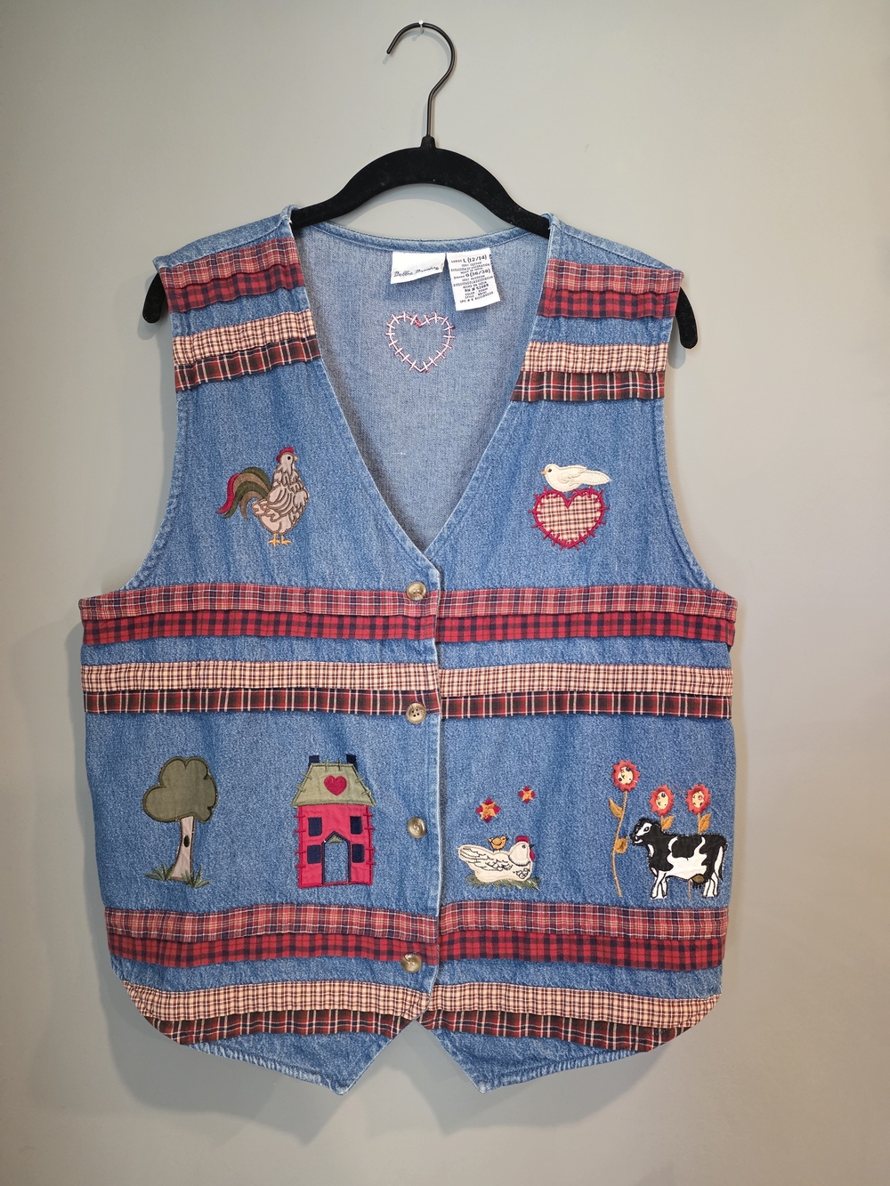 Bobbie Brooks Embroidered Farm Animals Denim Vest with Red Plaid Accents